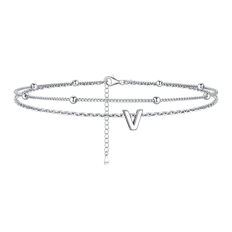 925 Sterling Silver Bead Chain Layered Initial Anklets for Girlfriend Gift