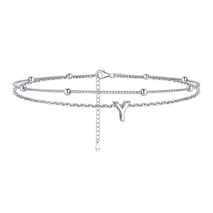 925 Sterling Silver Bead Chain Layered Initial Anklets for Girlfriend Gift