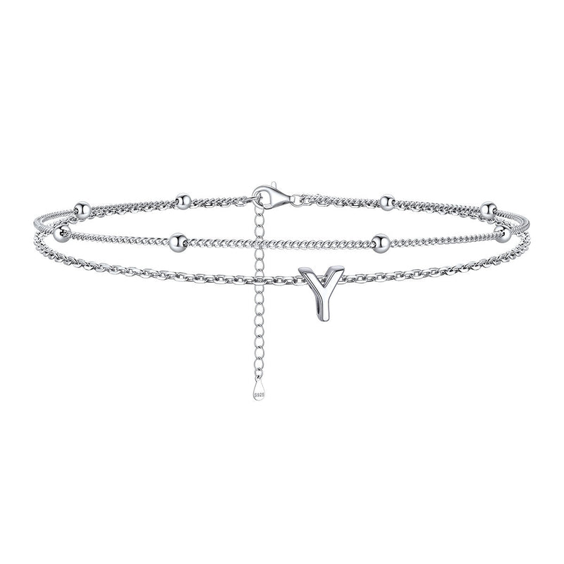 925 Sterling Silver Bead Chain Layered Initial Anklets for Girlfriend Gift