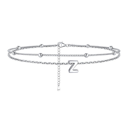 925 Sterling Silver Bead Chain Layered Initial Anklets for Girlfriend Gift
