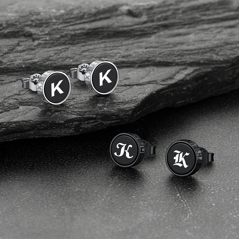 Engraved Roman Numerals Black Onyx Stud Earrings for