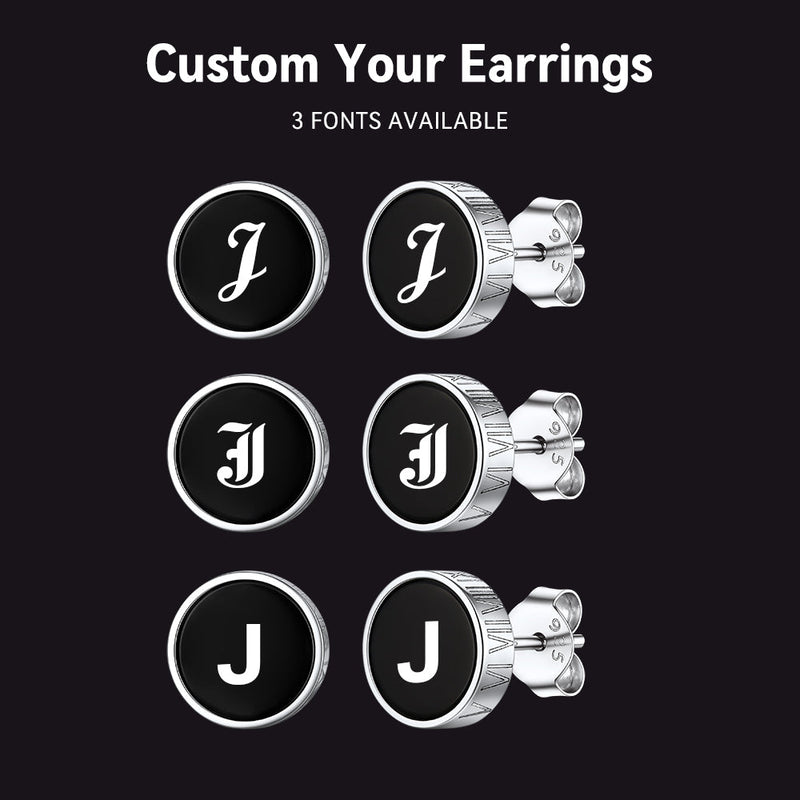 Engraved Roman Numerals Black Onyx Stud Earrings for