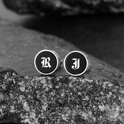 Engraved Roman Numerals Black Onyx Stud Earrings for