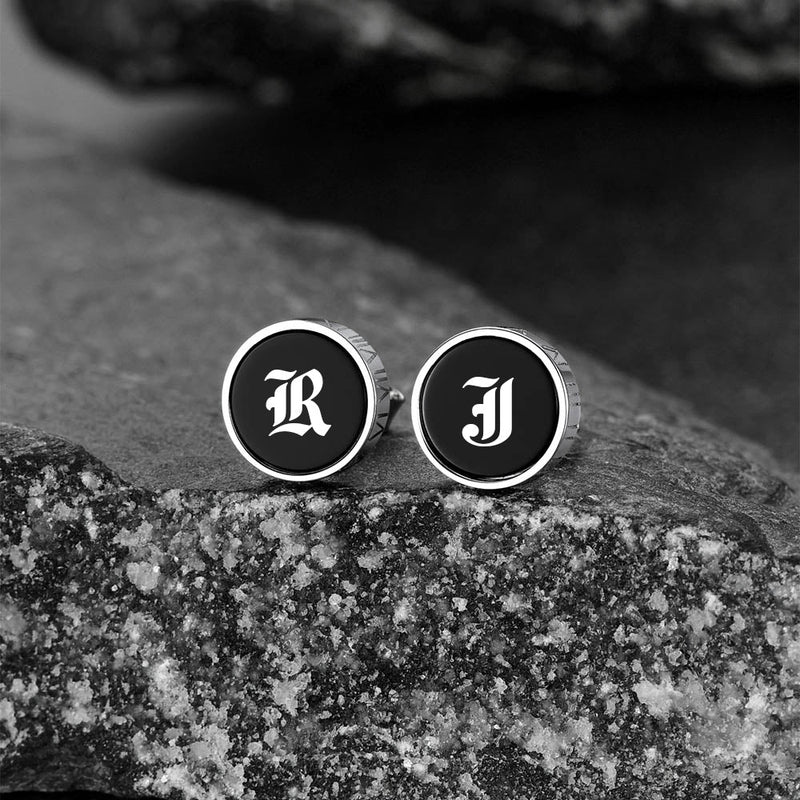 Engraved Roman Numerals Black Onyx Stud Earrings for