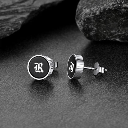 Engraved Roman Numerals Black Onyx Stud Earrings for