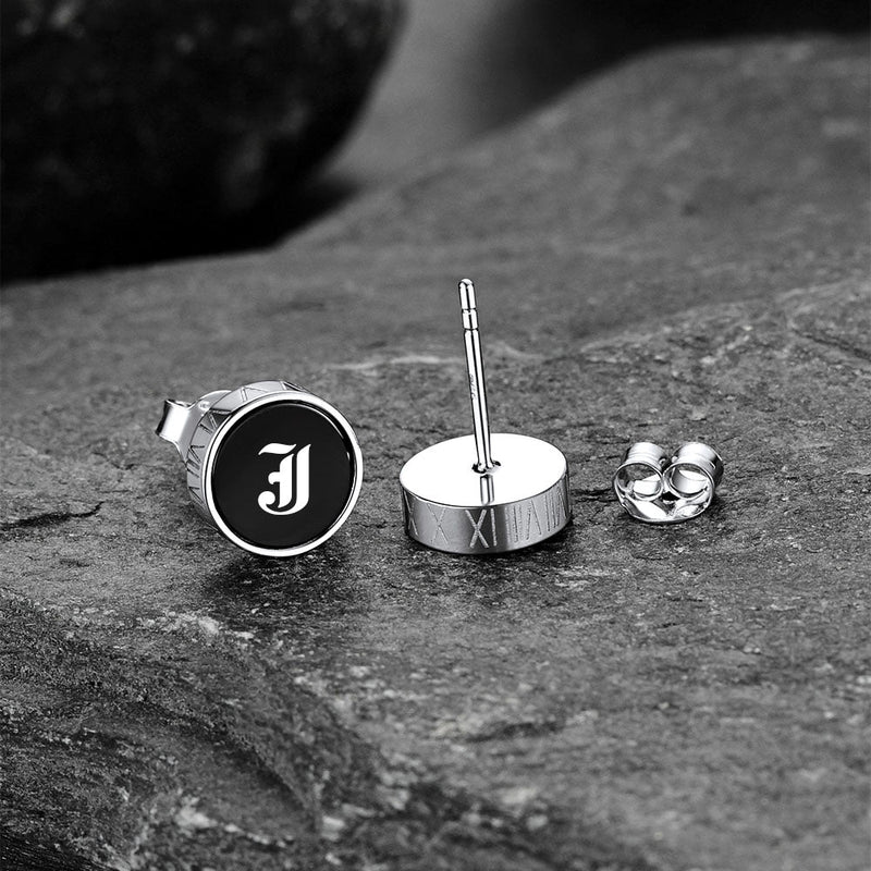 Engraved Roman Numerals Black Onyx Stud Earrings for
