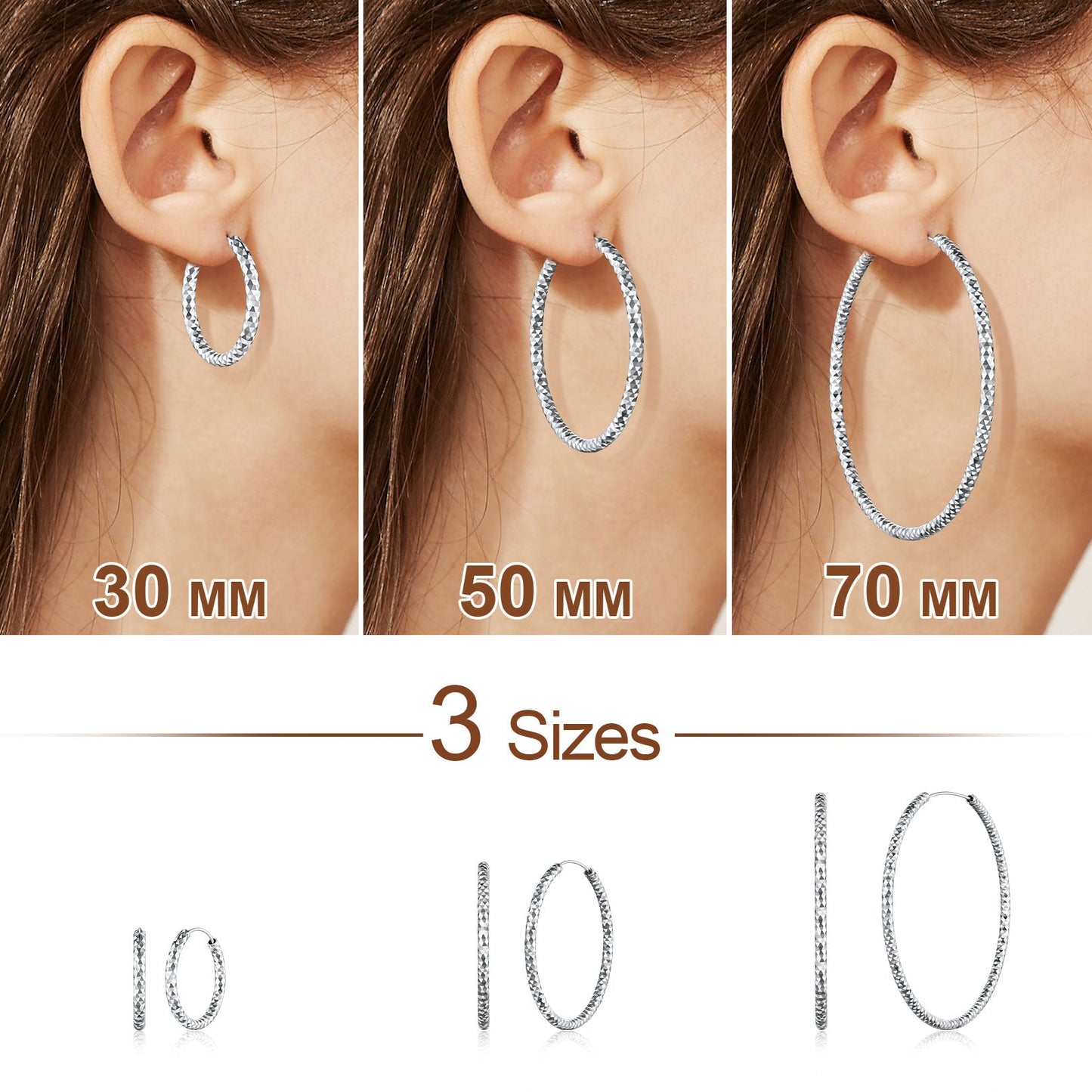 925 Sterling Silver 30/50/70mm Simple Hoop Earrings for