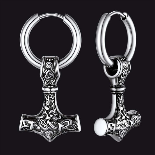 Viking Thor's Hammer Mjolnir Dangle Hoop Earrings Jewelry for