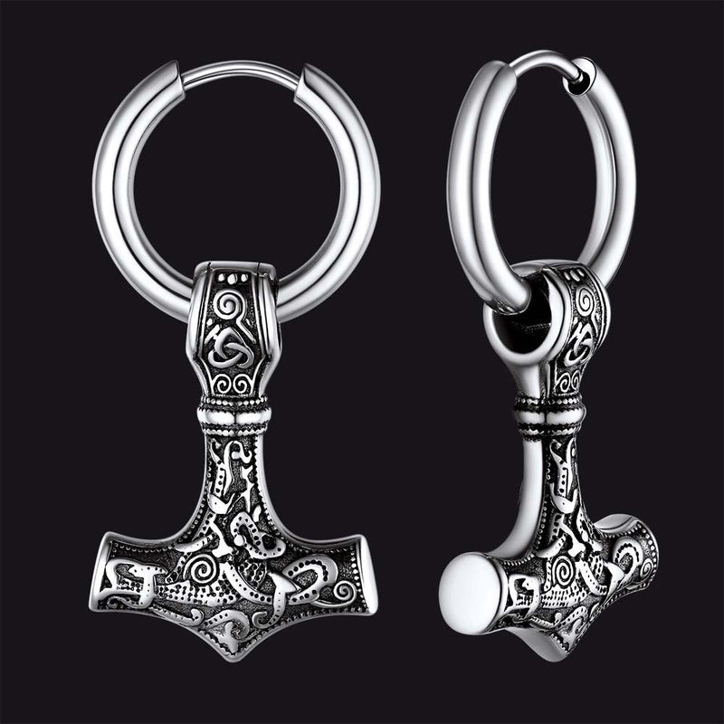 Viking Thor's Hammer Mjolnir Dangle Hoop Earrings Jewelry for