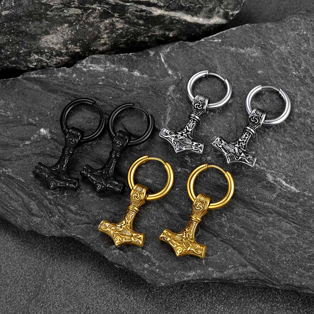 Viking Thor's Hammer Mjolnir Dangle Hoop Earrings Jewelry for