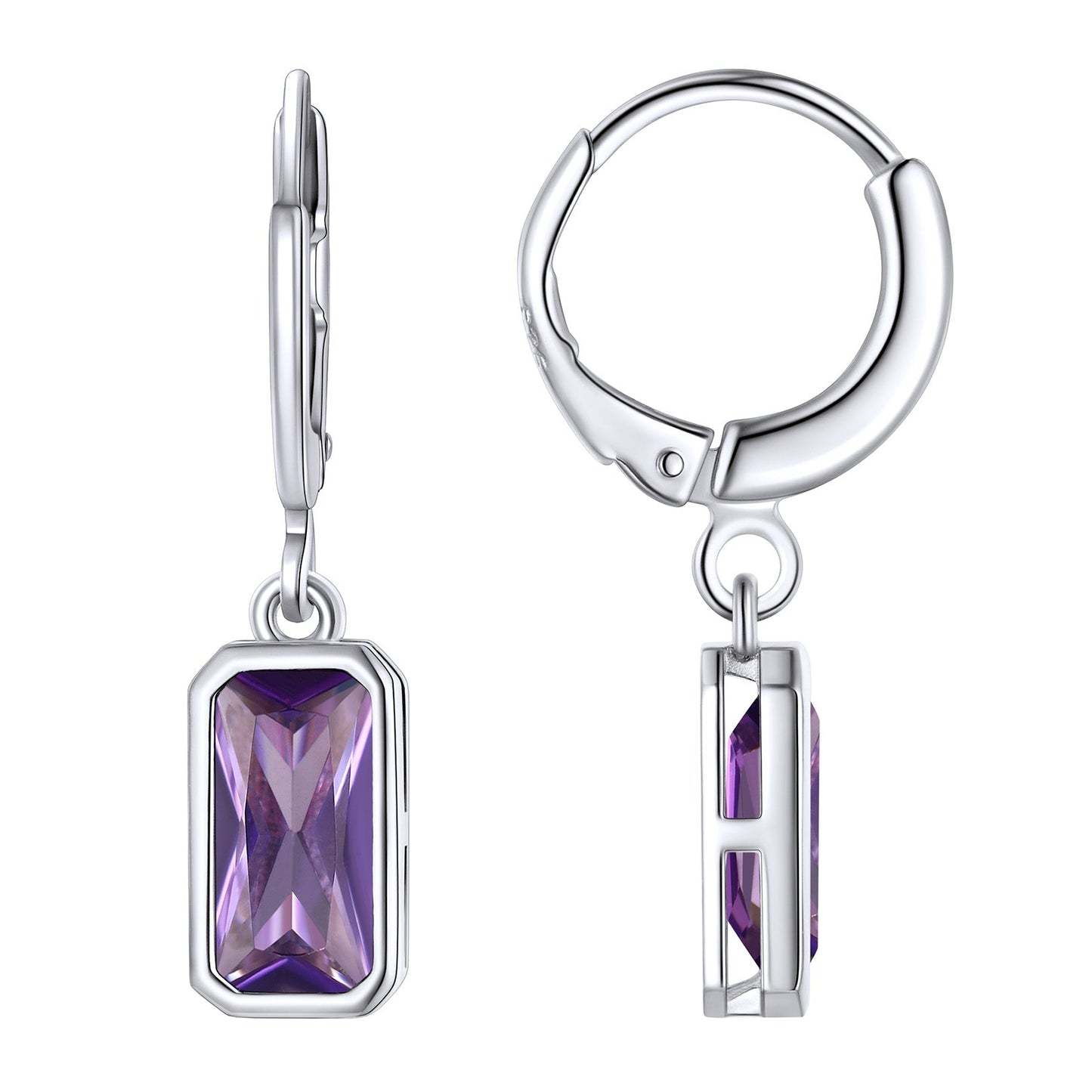 Silver Square Birthstone Dangle Hoop Earrings for