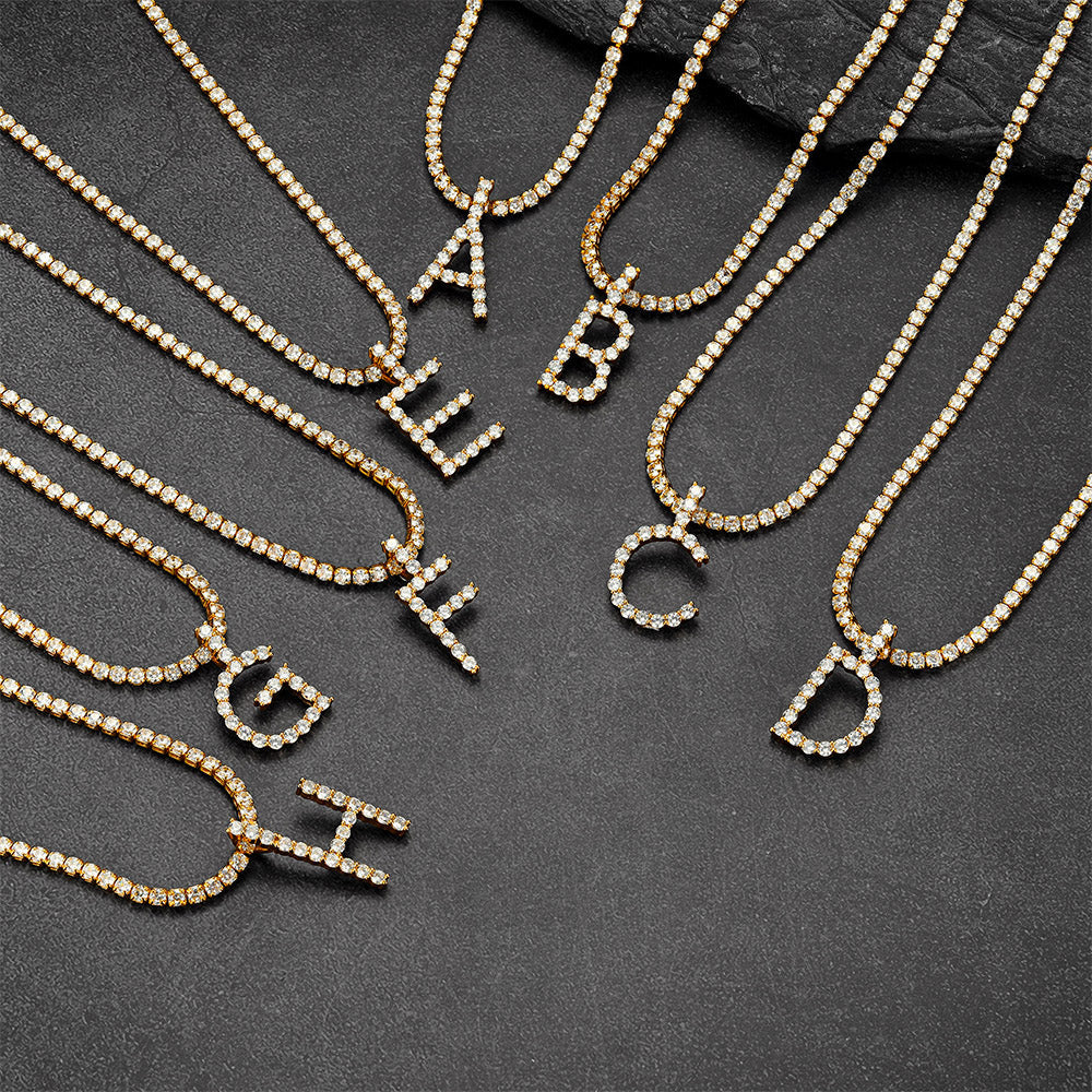 Initial Letter Pendant Necklace With Tennis Chain for