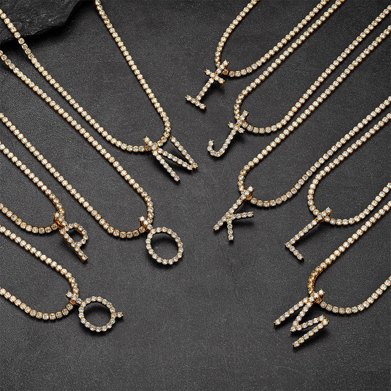 Initial Letter Pendant Necklace With Tennis Chain for