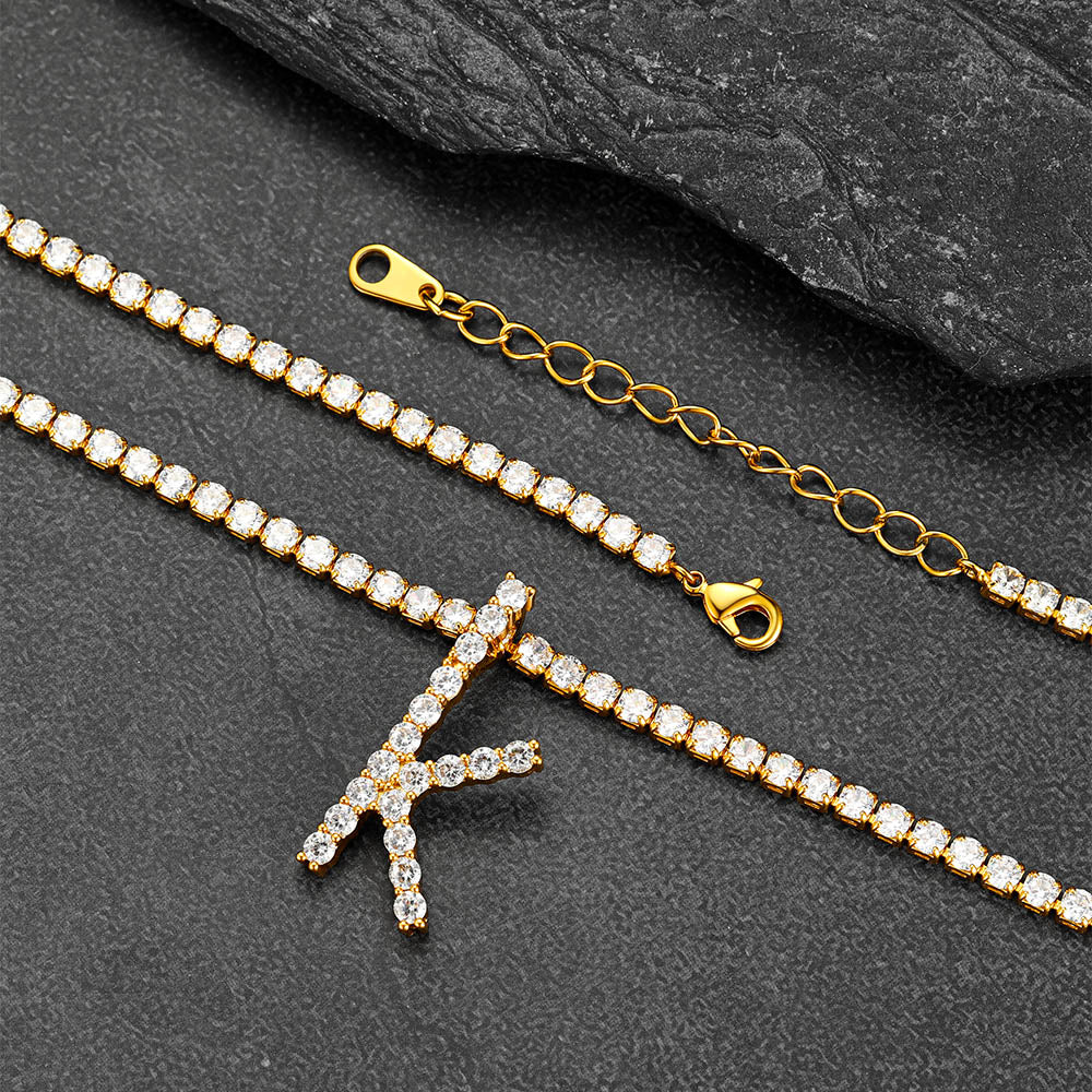 Initial Letter Pendant Necklace With Tennis Chain for