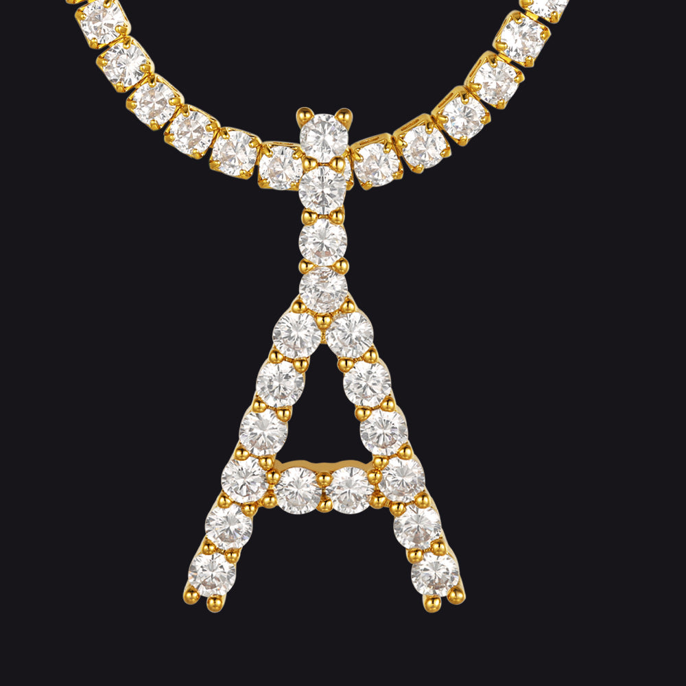Initial Letter Pendant Necklace With Tennis Chain for