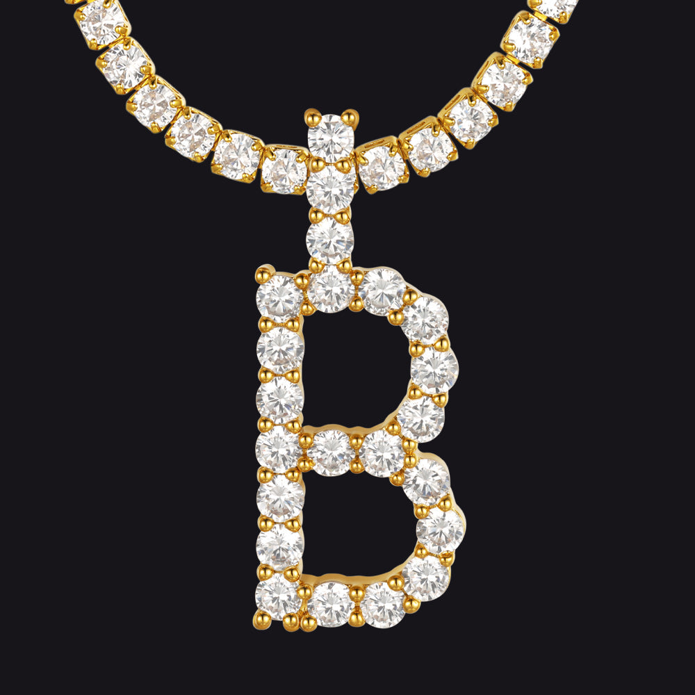 Initial Letter Pendant Necklace With Tennis Chain for