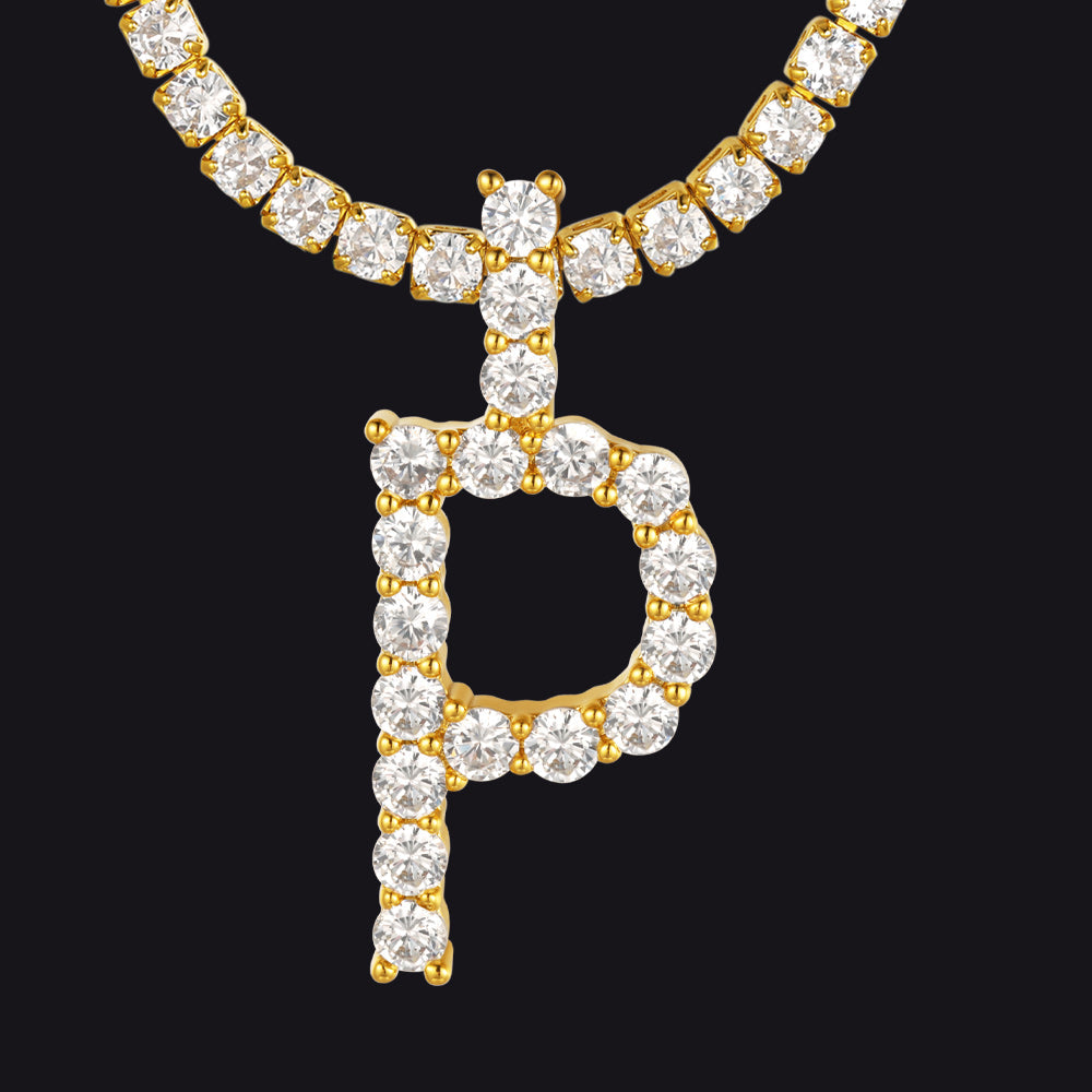 Initial Letter Pendant Necklace With Tennis Chain for