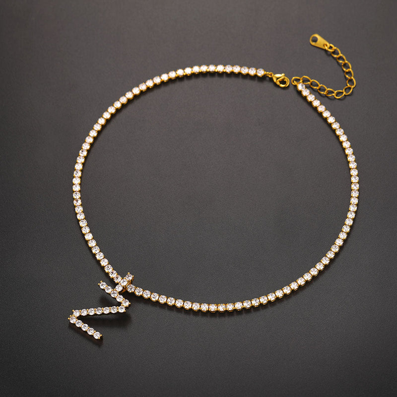 Initial Letter Pendant Necklace With Tennis Chain for