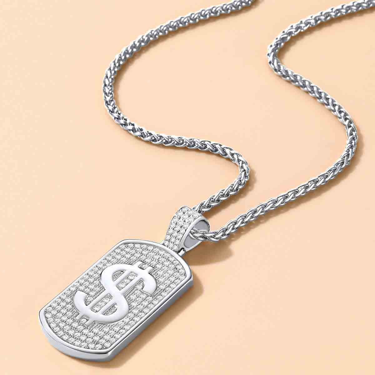 Dollar Cubic Zirconia Bling Dog Tag Necklace for