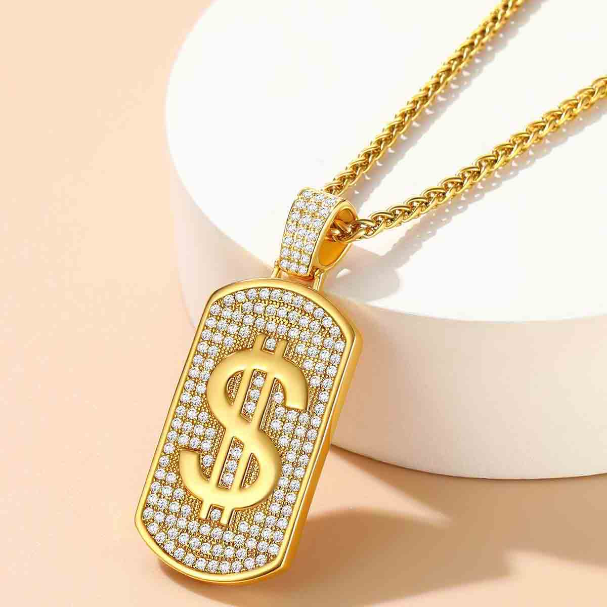 Dollar Cubic Zirconia Bling Dog Tag Necklace for