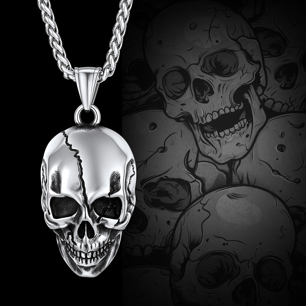 Gothic Skull Necklace With Fissured Skeleton Head for