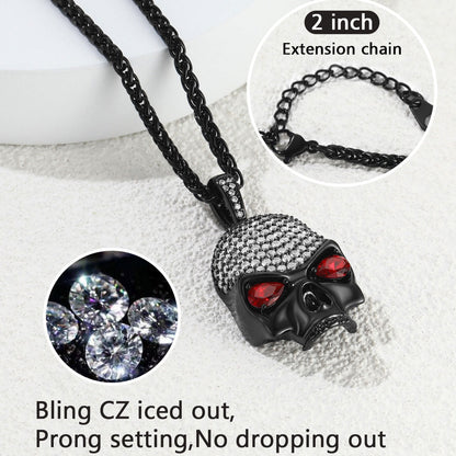 Halloween Gothic Skull Diamond Necklace With Red Eye for