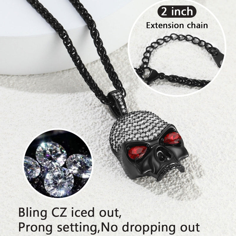 Halloween Gothic Skull Diamond Necklace With Red Eye for