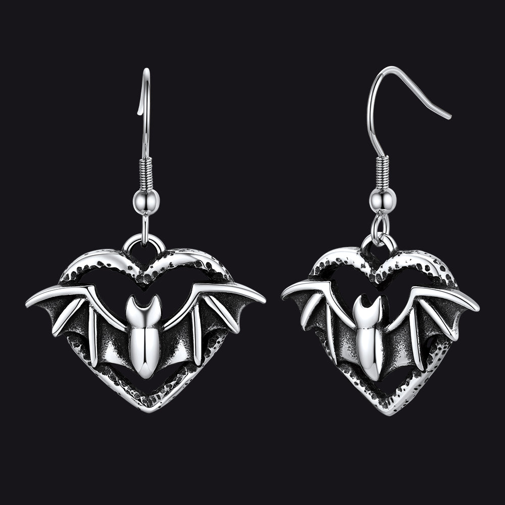 Gothic Bat Heart Dangle Earrings for Halloween Gift
