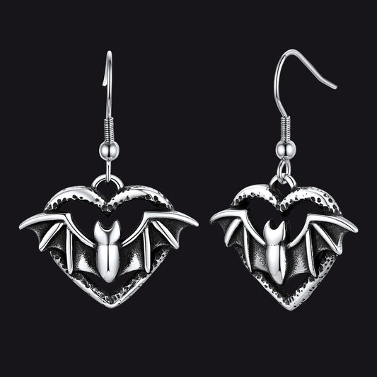 Gothic Bat Heart Dangle Earrings for Halloween Gift