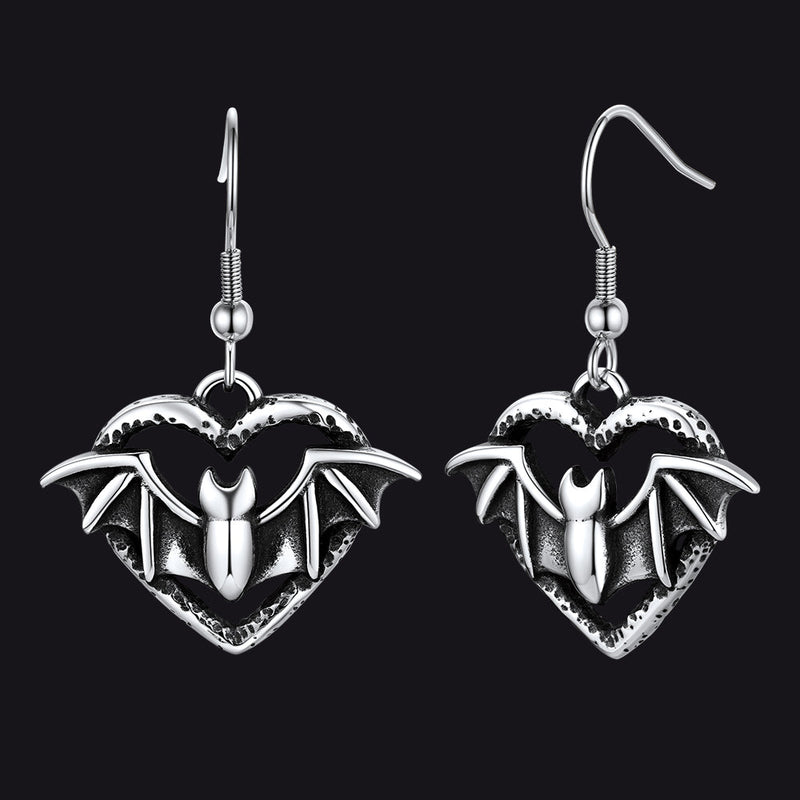 Gothic Bat Heart Dangle Earrings for Halloween Gift
