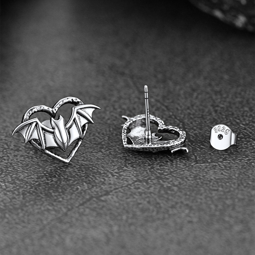Halloween Bat Heart Stud Earrings for in Sterling Silver