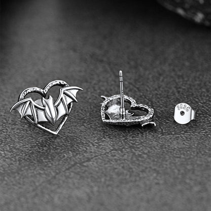 Halloween Bat Heart Stud Earrings for in Sterling Silver