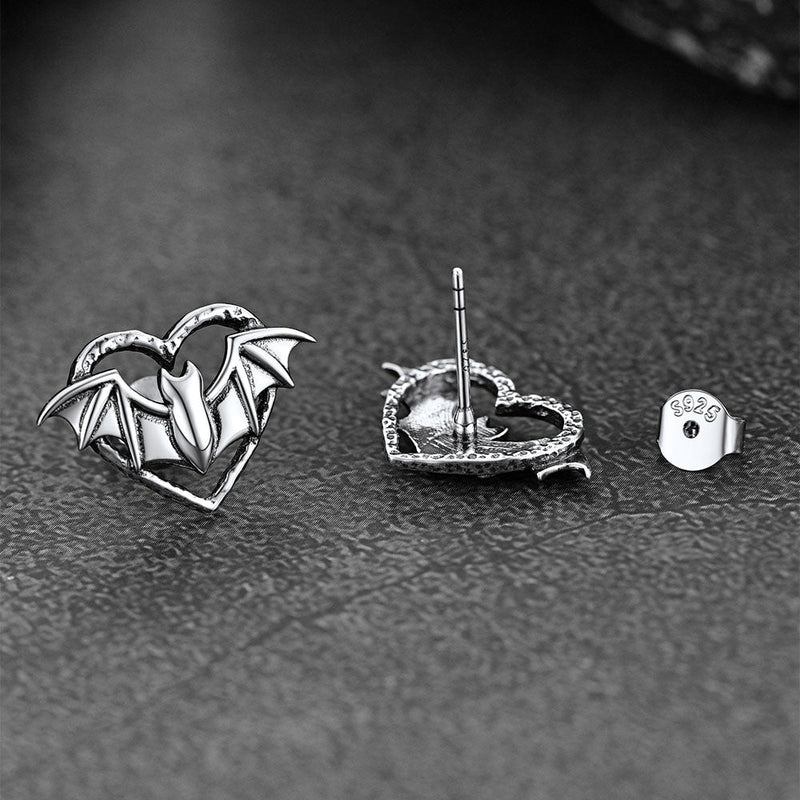 Halloween Bat Heart Stud Earrings for in Sterling Silver