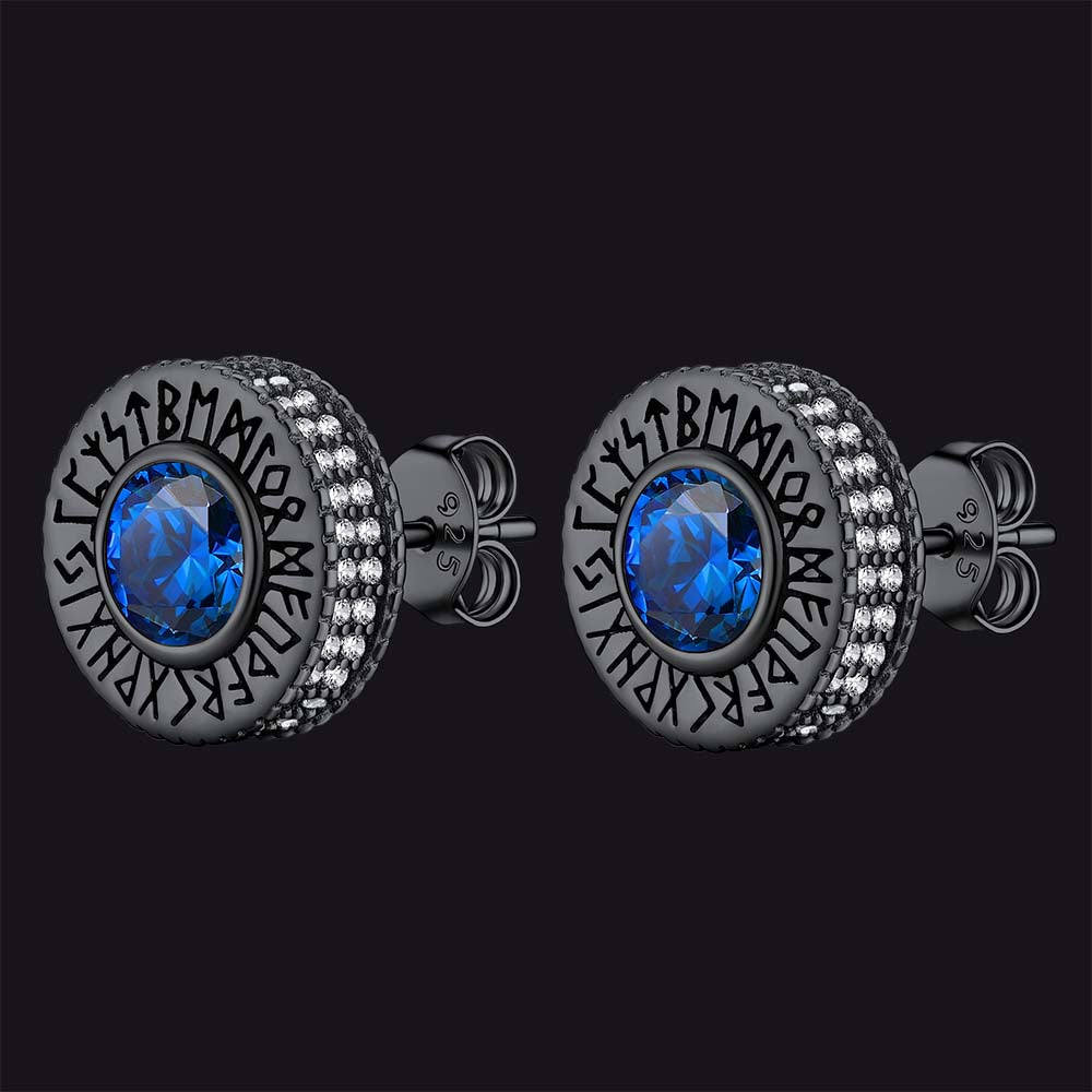 Sterling Silver Viking Runes Gemstone Stud Earrings for