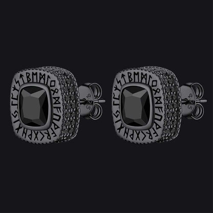 Cushion Cut Diamond Stud Earrings With Viking Runes in Sterling Silver