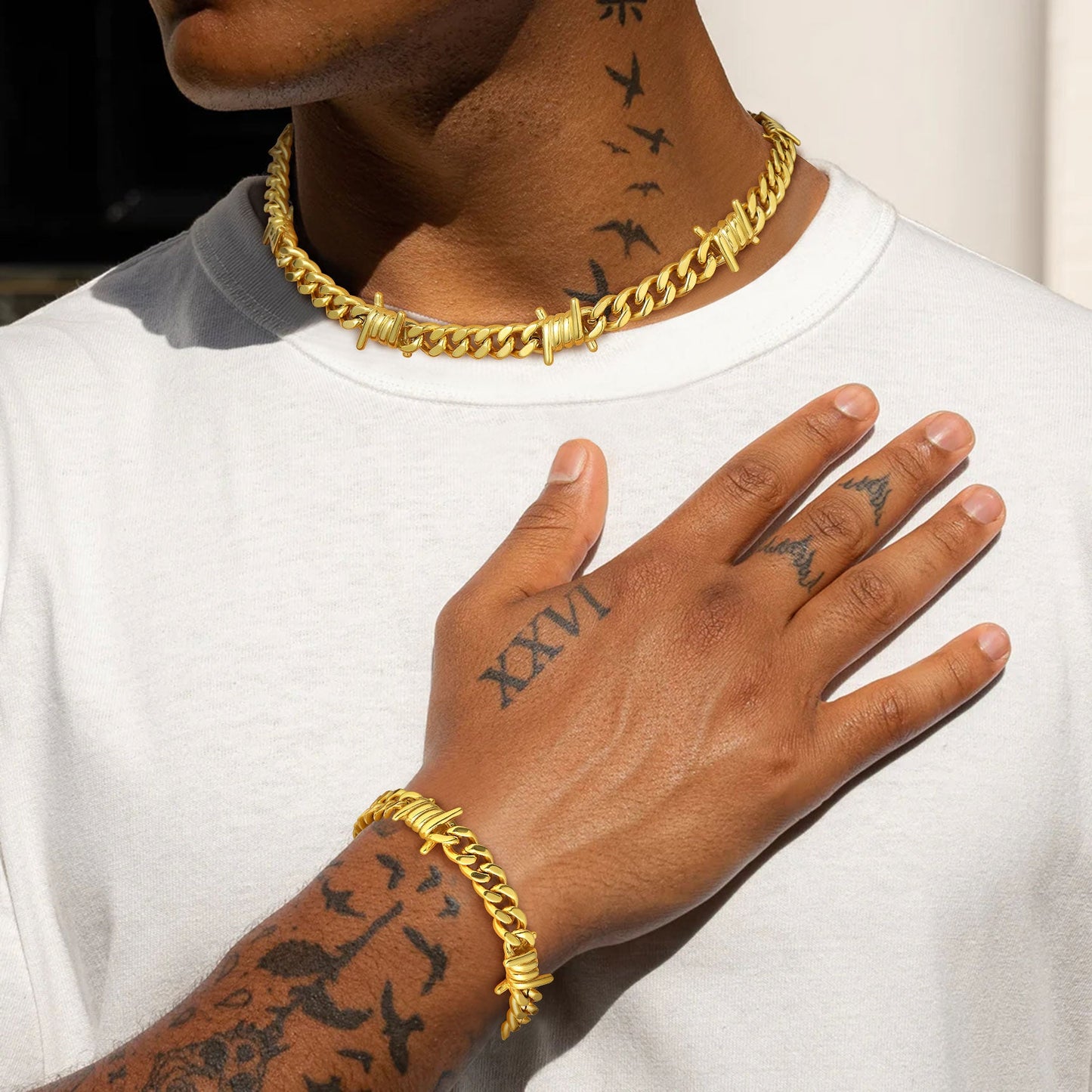 9mm Barbed Wire Cuban Chain & Bracelet Set for