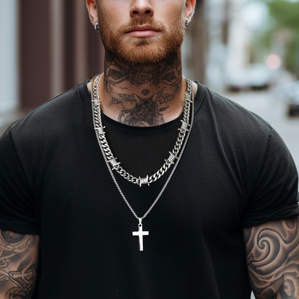 Barbed Wire Cuban Chain & Cross Layered Necklaces Set for