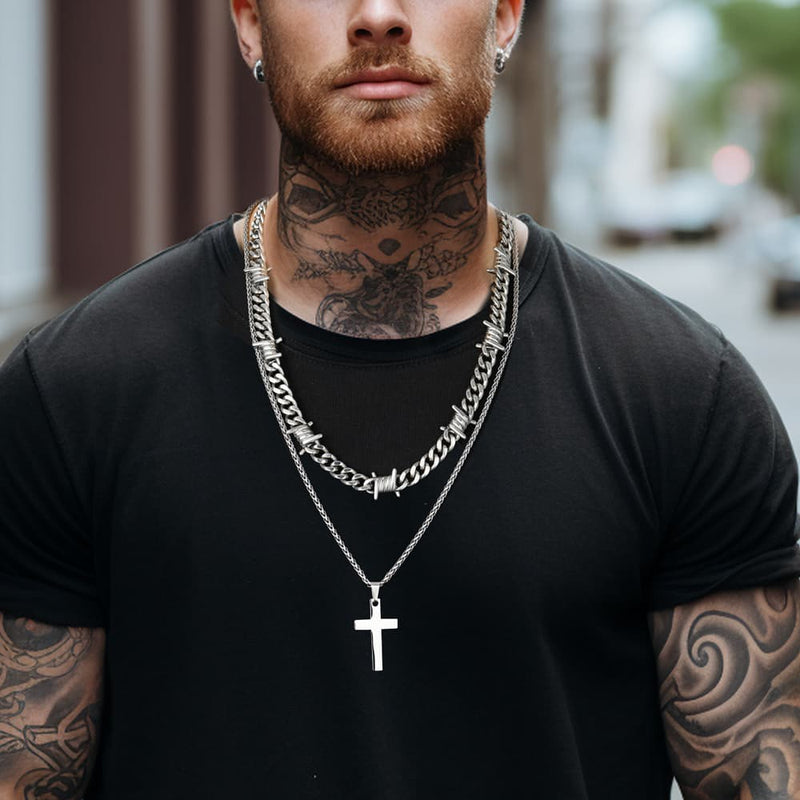Barbed Wire Cuban Chain & Cross Layered Necklaces Set for