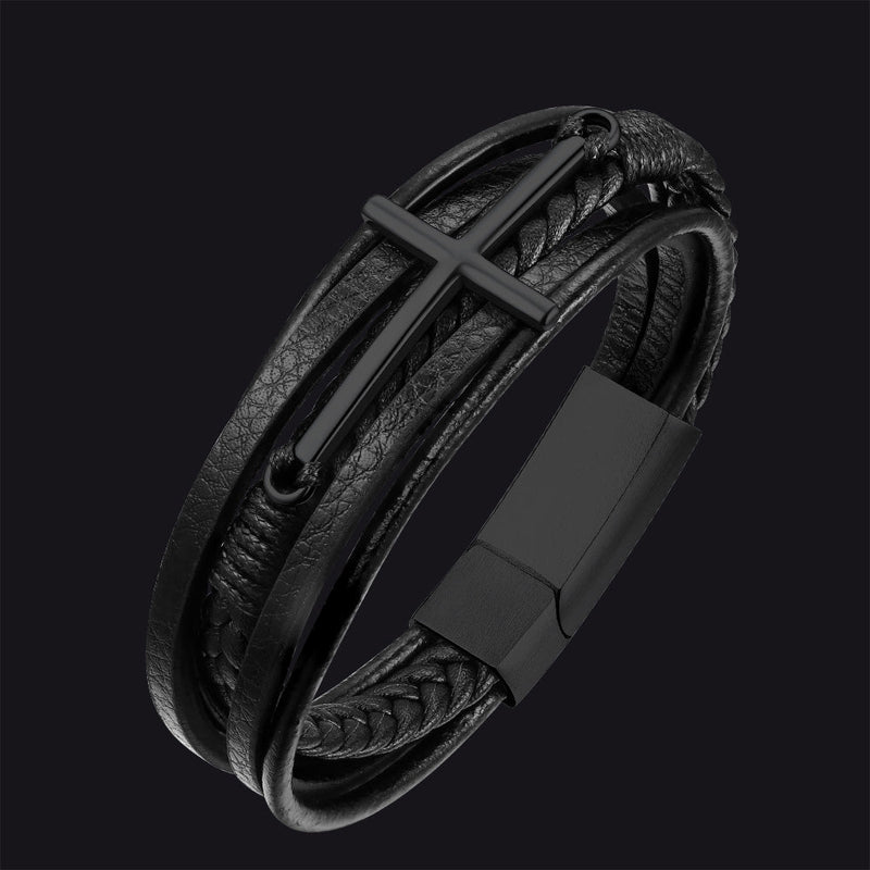 Viking Black Engraved Leather Braided Wristband Bracelet for