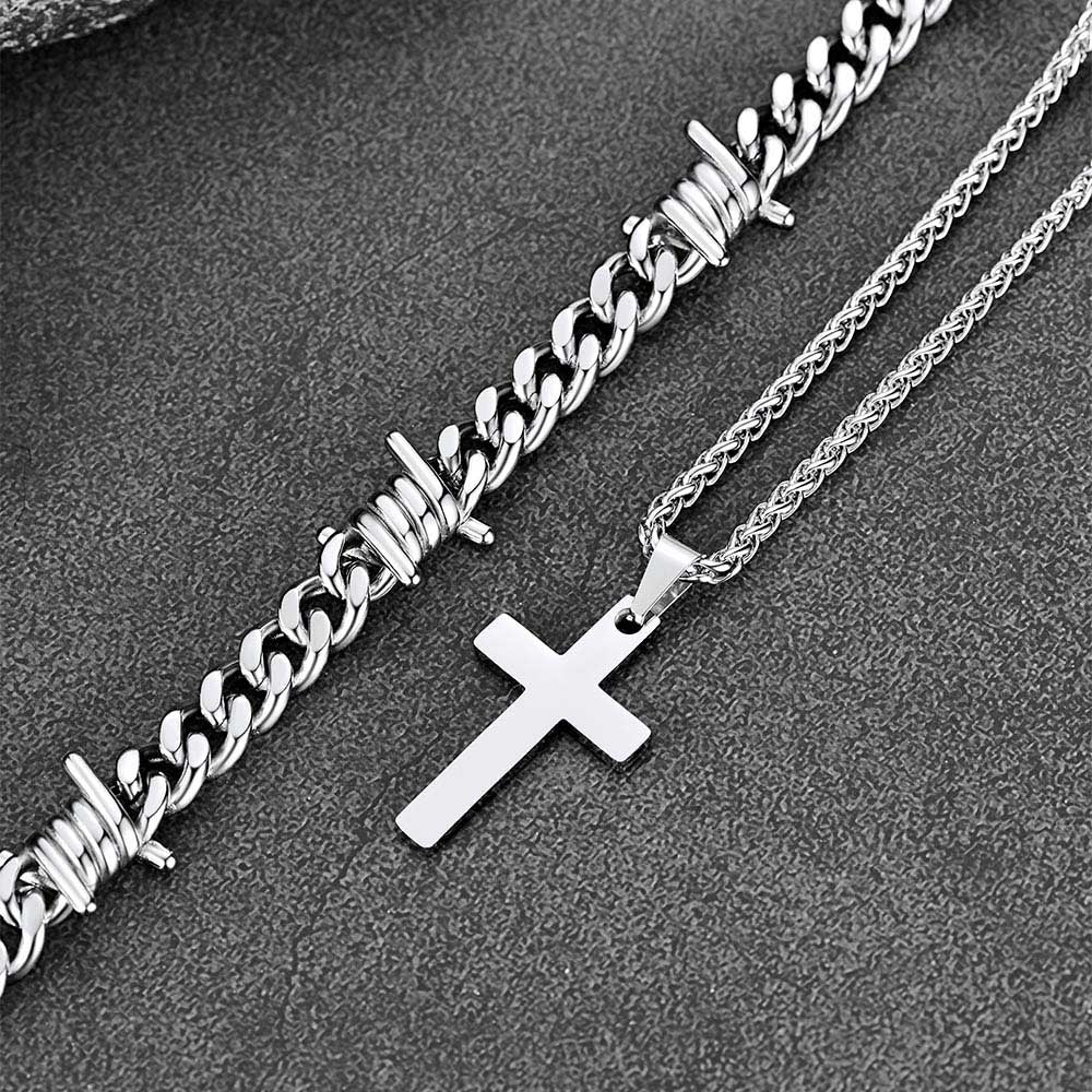 Barbed Wire Cuban Chain & Cross Layered Necklaces Set for