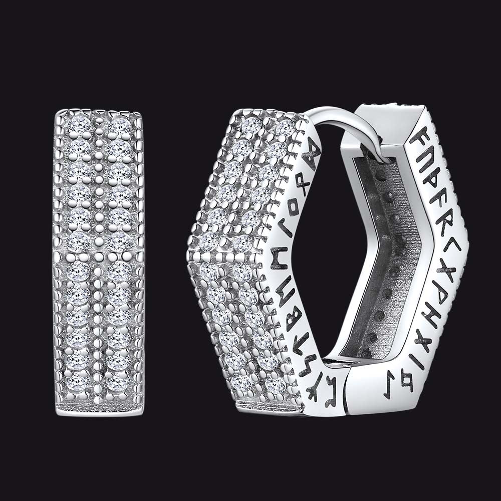Hexagon Viking Diamond Hoop Earrings With Runes for