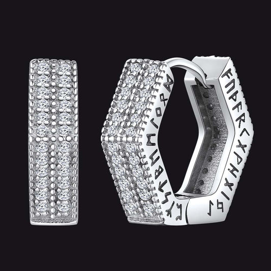 Hexagon Viking Diamond Hoop Earrings With Runes for
