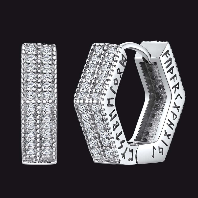 Hexagon Viking Diamond Hoop Earrings With Runes for