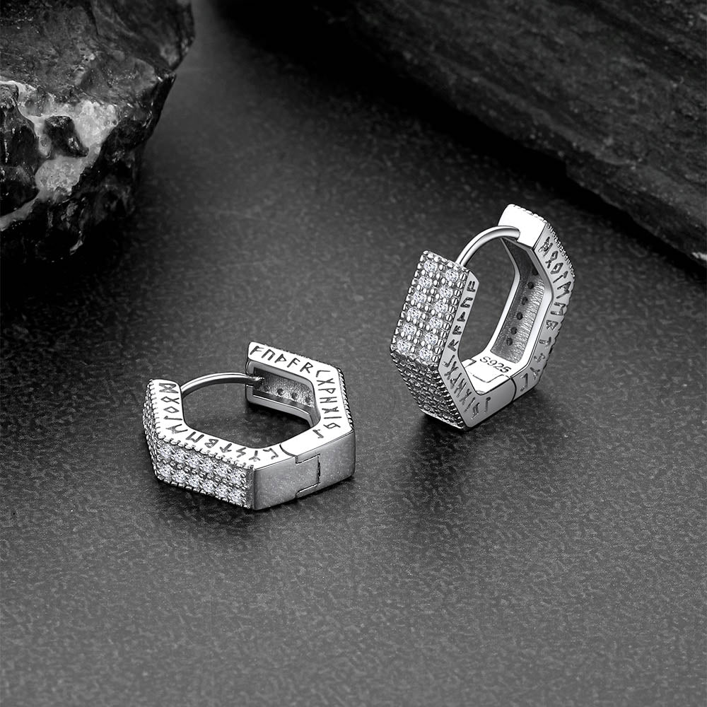 Hexagon Viking Diamond Hoop Earrings With Runes for
