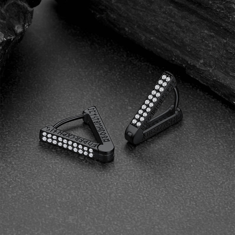 Cubic Zirconia Triangle Huggie Hoop Earrings With Viking Runes for