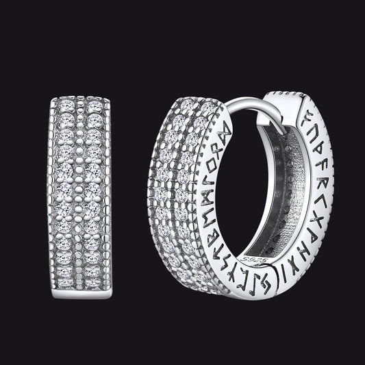 Sterling Silver Diamond Hoop Earrings With Viking Runes for