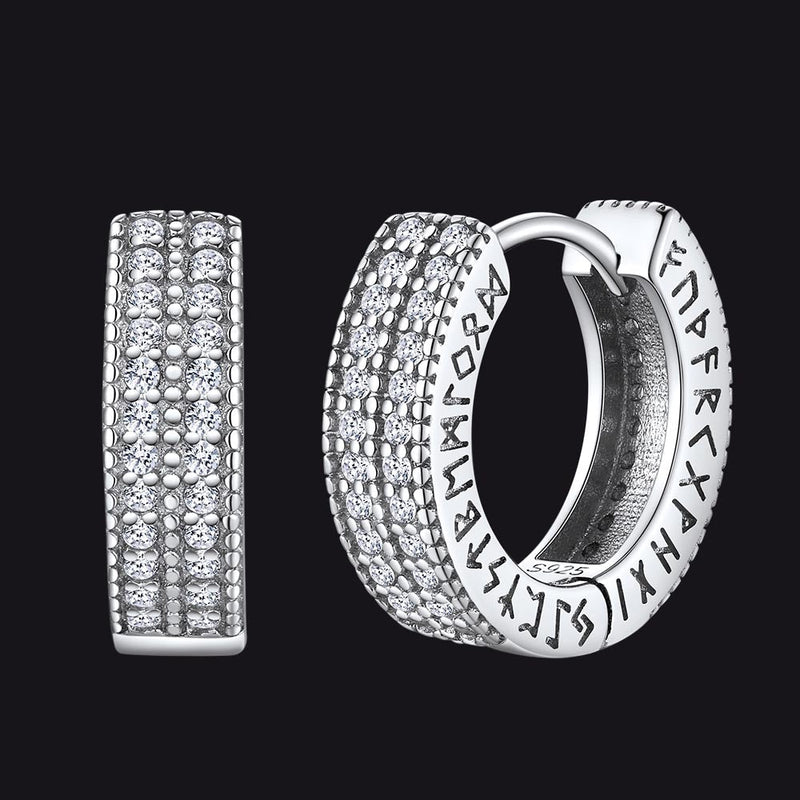Sterling Silver Diamond Hoop Earrings With Viking Runes for