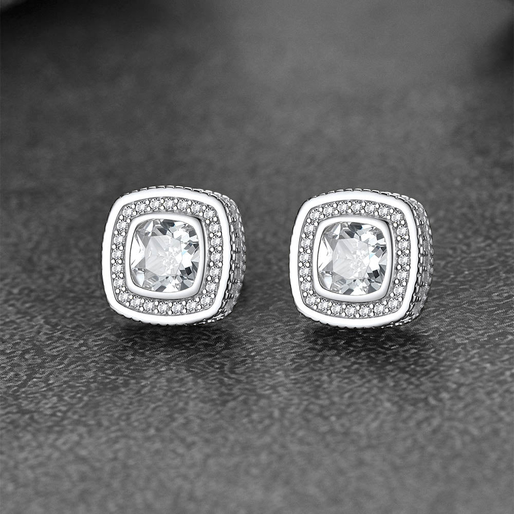 6mm Cushion Cut Diamond Halo Stud Earrings in Sterling Silver