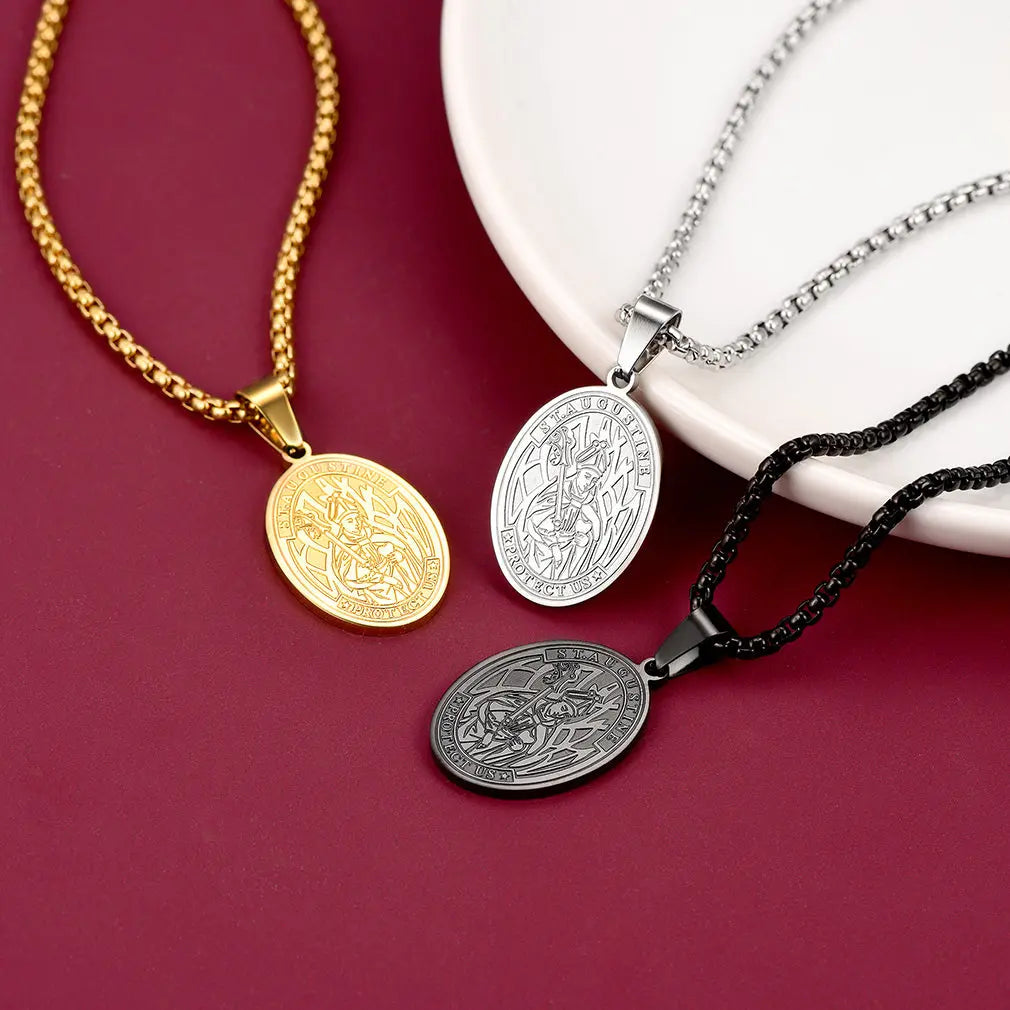 Engraved Saint Augustine Necklace Catholic Medal Necklace