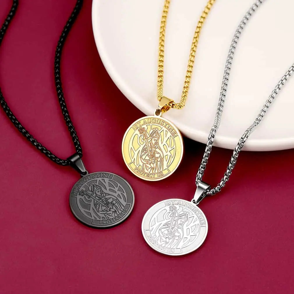 Engraved Saint Augustine Necklace Saint Medal Jewelry